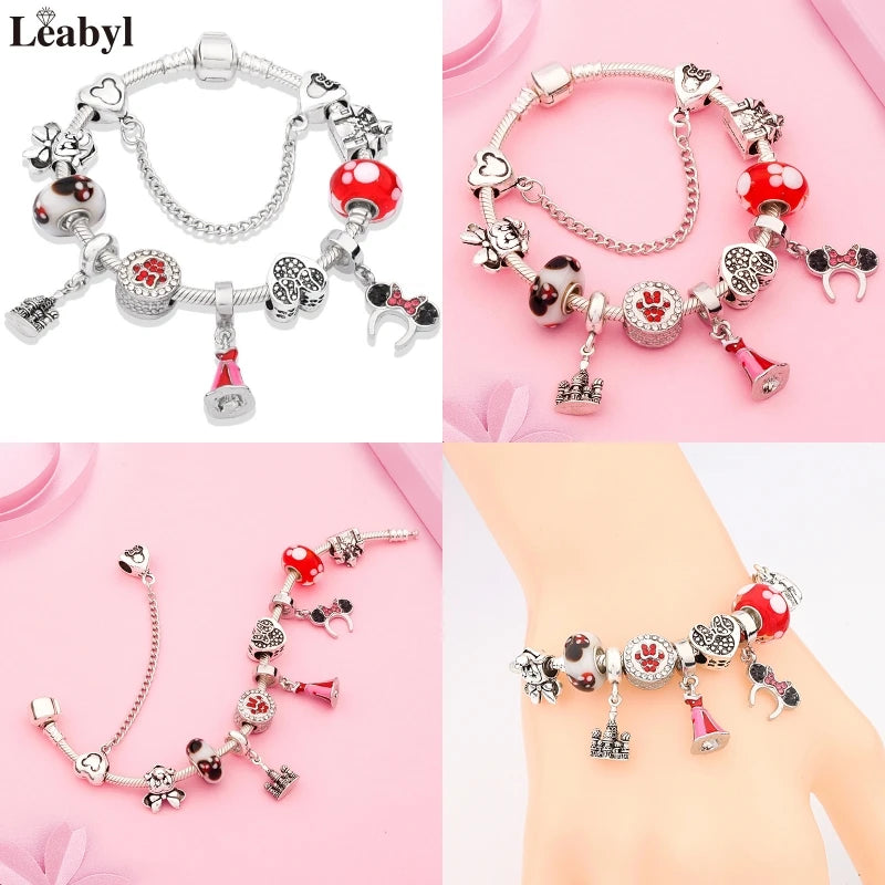 New In Cartoon Mickey Minnie Pendant Charm Bracelet Heart Bowknot Beaded Bracelets & Bangles