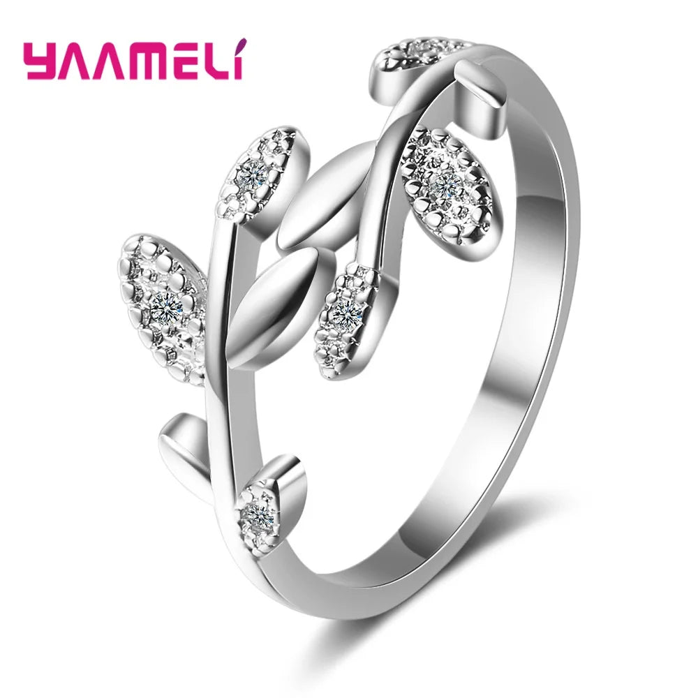 New Crystal 925 Sterling Silver Tree Branch Leaf Adjustable Finger Wedding Rings S925 Zircon Open Ring Glamour Jewelry Gift