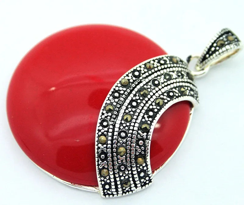 RARE 925 STERLING SILVER RED CORAL  ROUND HUGE MARCASITE PENDANT 35*35mm