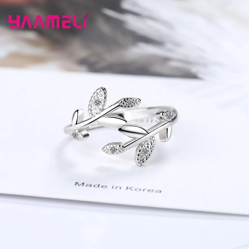 New Crystal 925 Sterling Silver Tree Branch Leaf Adjustable Finger Wedding Rings S925 Zircon Open Ring Glamour Jewelry Gift