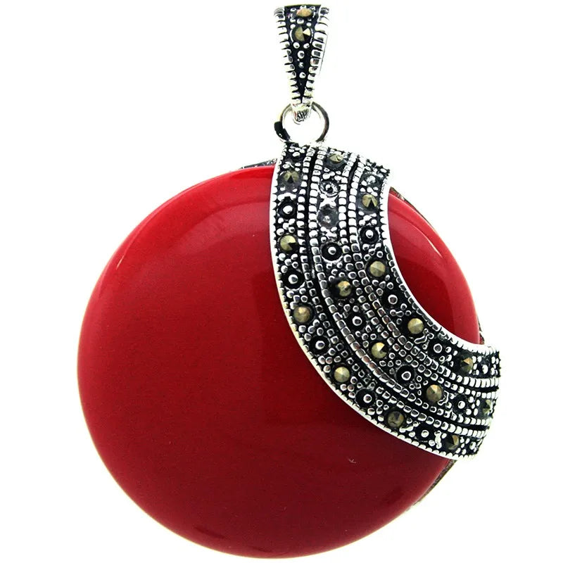 RARE 925 STERLING SILVER RED CORAL  ROUND HUGE MARCASITE PENDANT 35*35mm