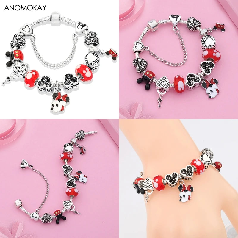 Dropshipping HOT Red Crystal Mickey Minnie Beads Bracelet & Bangle Silver Plated Family Charm Bracelet Fashion Diy Jewelry Gift