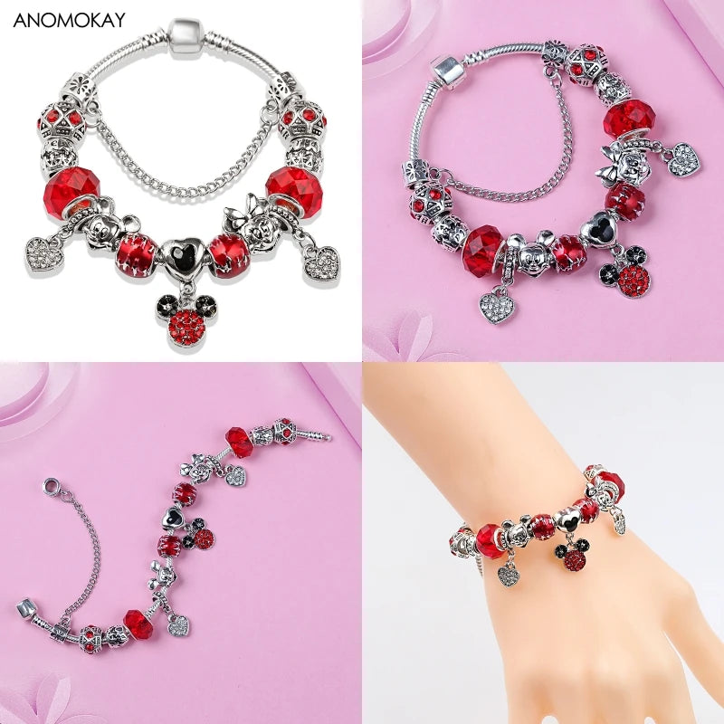 Dropshipping HOT Red Crystal Mickey Minnie Beads Bracelet & Bangle Silver Plated Family Charm Bracelet Fashion Diy Jewelry Gift