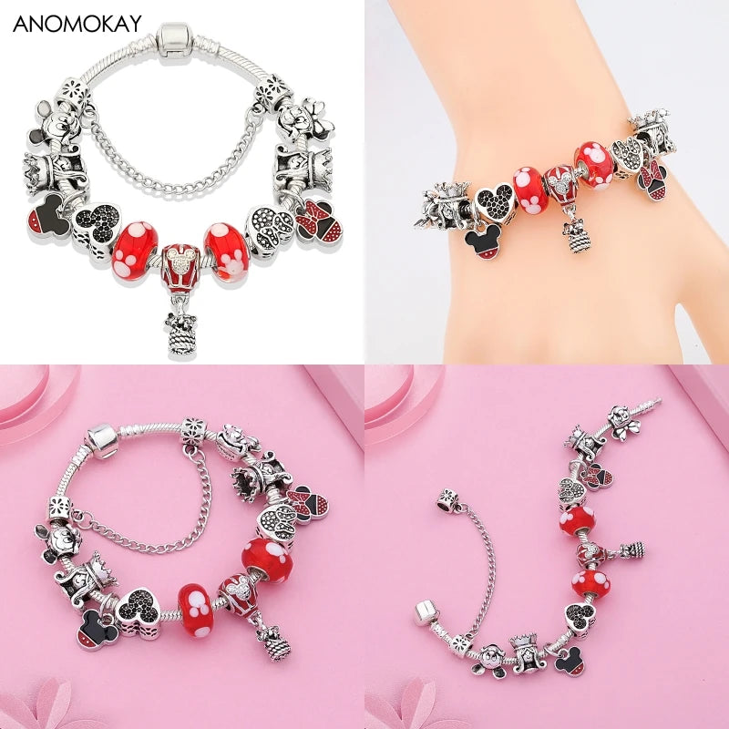 Dropshipping HOT Red Crystal Mickey Minnie Beads Bracelet & Bangle Silver Plated Family Charm Bracelet Fashion Diy Jewelry Gift