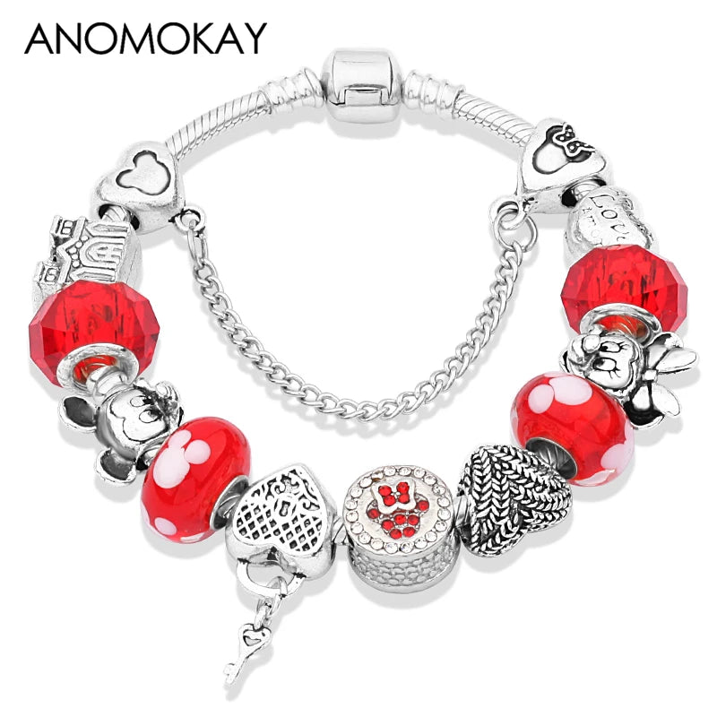 Dropshipping HOT Red Crystal Mickey Minnie Beads Bracelet & Bangle Silver Plated Family Charm Bracelet Fashion Diy Jewelry Gift