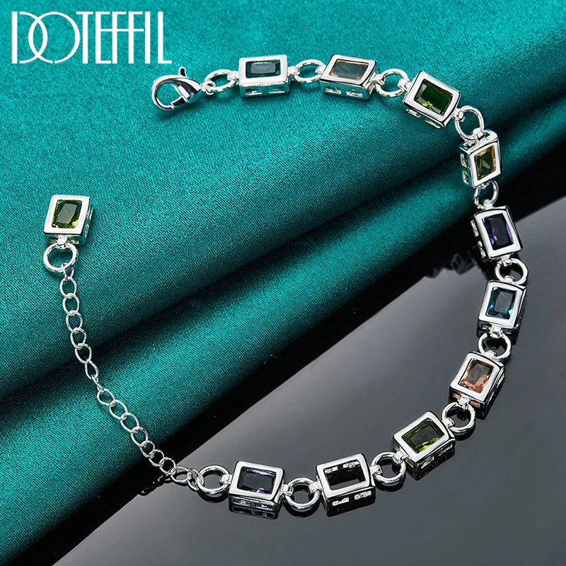 DOTEFFIL 925 Sterling Silver Square inlaid With Multi-color AAA Zircon Bracelet Chain For Woman Engagement Party Wedding Jewelry