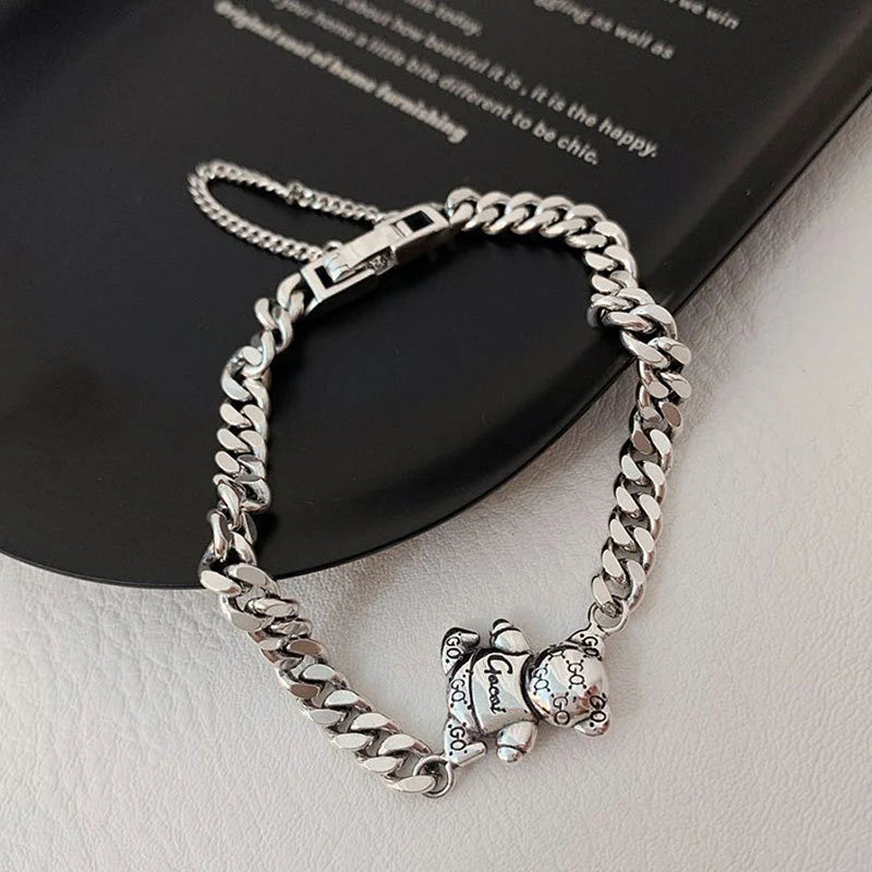 QMCOCO Silver Color Cute Bear Heart-Shape Letter Pendant Bracelet  For Women Fashion Temperament Simple Punk Fine Jewelry Gifts