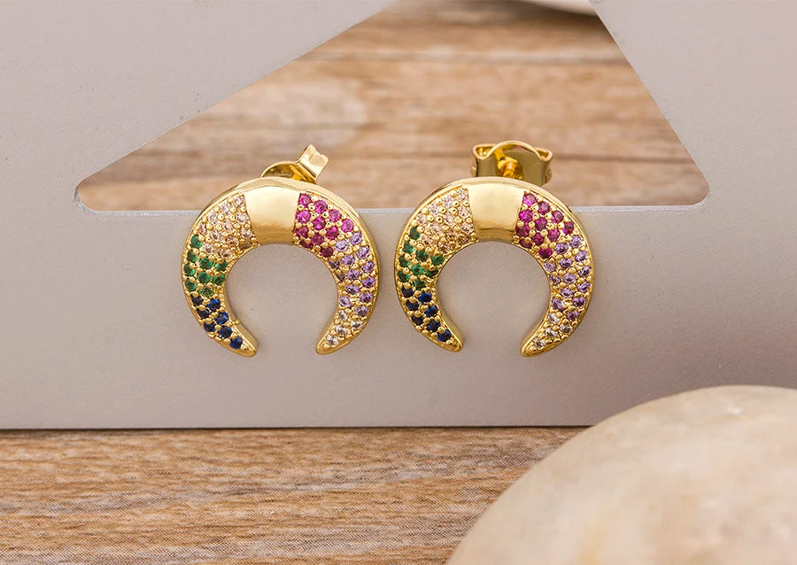 Nidin Luxury Female Crystal Zircon Stone Earrings Fashion Copper CZ Rainbow Jewelry Romantic Boho Stud Earrings For Women Girls