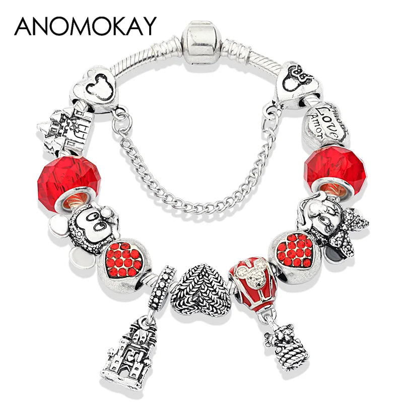 Dropshipping HOT Red Crystal Mickey Minnie Beads Bracelet & Bangle Silver Plated Family Charm Bracelet Fashion Diy Jewelry Gift