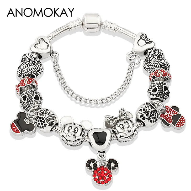 Dropshipping HOT Red Crystal Mickey Minnie Beads Bracelet & Bangle Silver Plated Family Charm Bracelet Fashion Diy Jewelry Gift