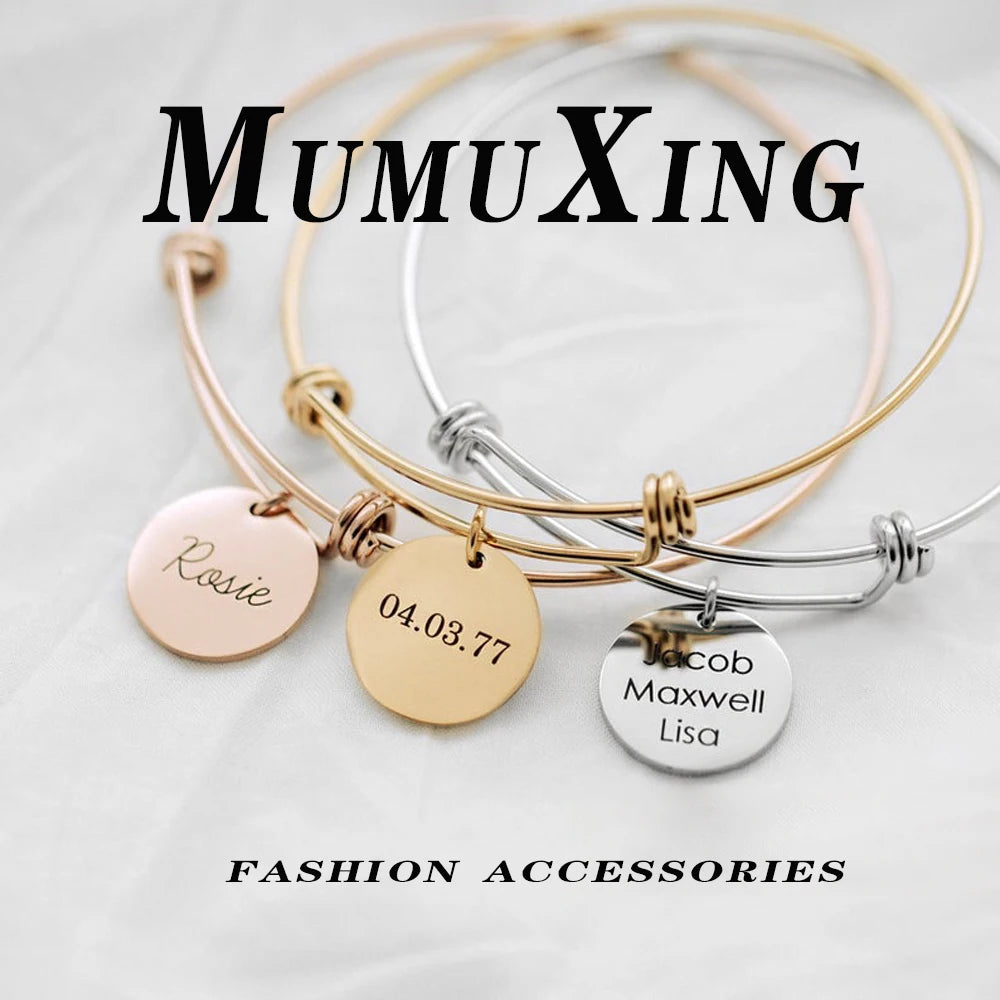 Bangles for Women Personalized Custom Carving 1-4 Names  Round Pendant Stainless Steel Friendship Bracelet Jewelry Pulsera Mujer