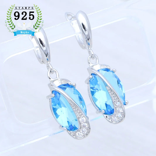 Woman Earrings Sky Blue Topaz Stone 925 Sterling Silver Bridal Earrings Shiny Crystal Classic Jewelry Free Gift Box