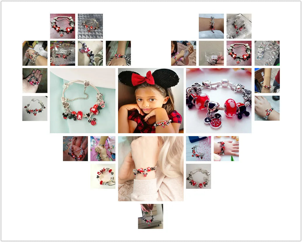 Dropshipping HOT Red Crystal Mickey Minnie Beads Bracelet & Bangle Silver Plated Family Charm Bracelet Fashion Diy Jewelry Gift