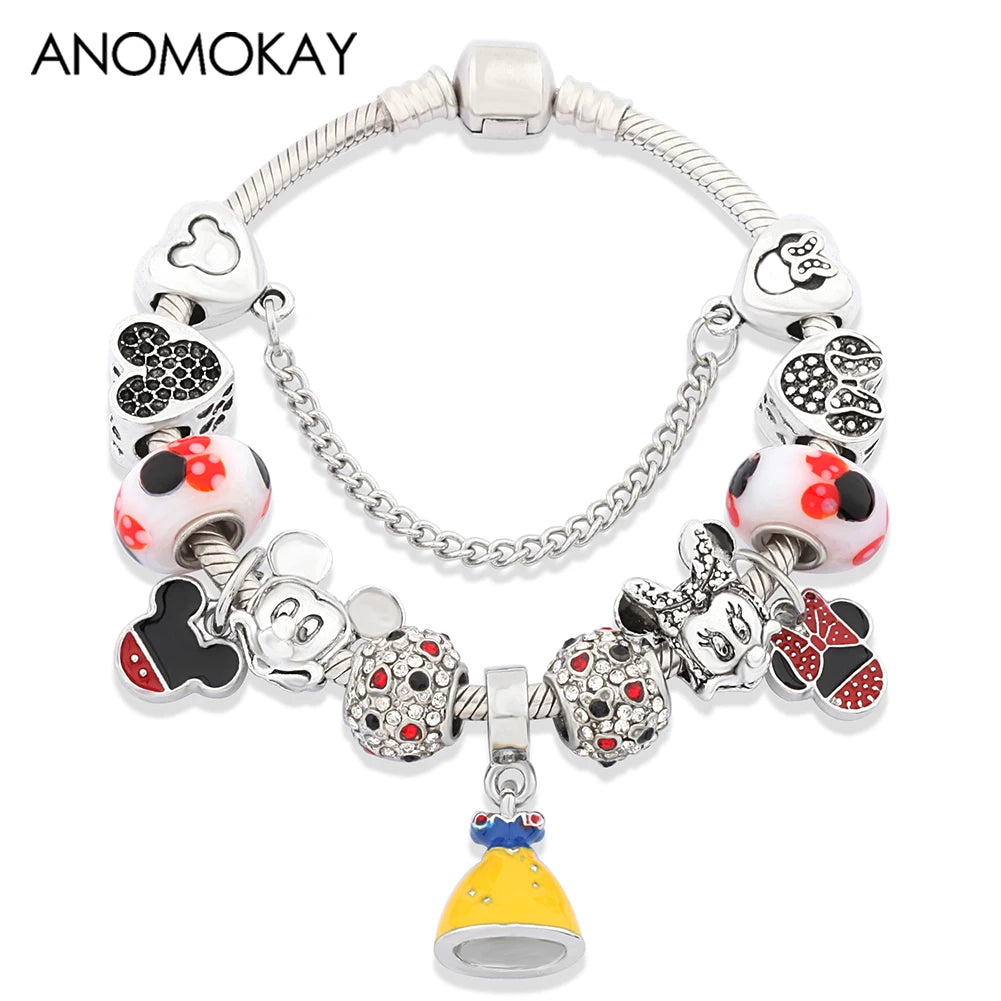 Dropshipping HOT Red Crystal Mickey Minnie Beads Bracelet & Bangle Silver Plated Family Charm Bracelet Fashion Diy Jewelry Gift