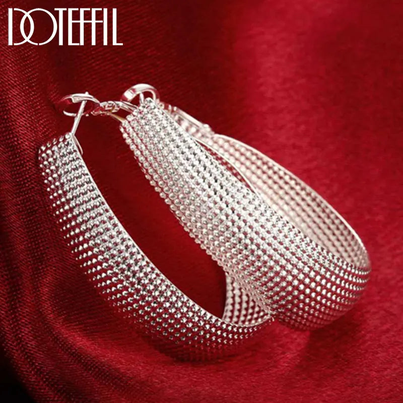 DOTEFFIL 925 Sterling Silver Frosted Big Circle Hoop Earrings Women Party Gift Fashion Charm Wedding Engagement Jewelry