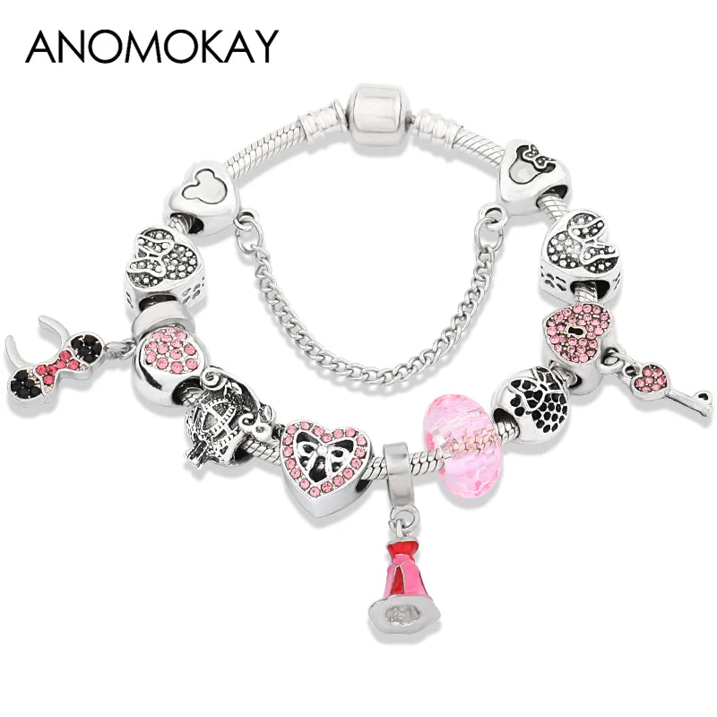 Dropshipping HOT Red Crystal Mickey Minnie Beads Bracelet & Bangle Silver Plated Family Charm Bracelet Fashion Diy Jewelry Gift