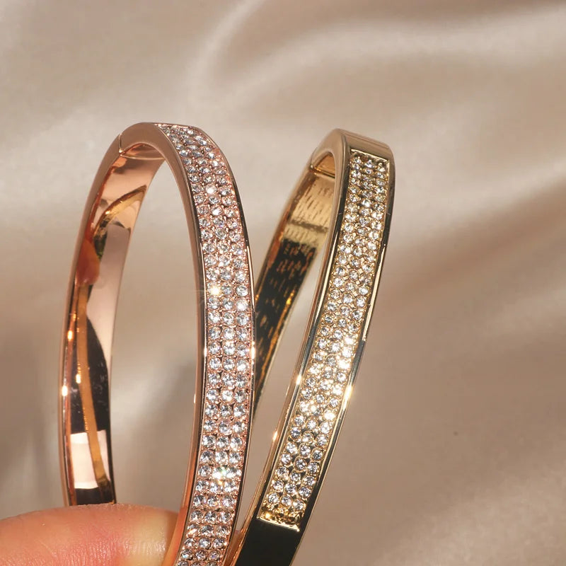 New Elegant Classic Crystal Cuff Bangles Bracelets For Women Gold Color Simple Femal Opening Bangles Wedding Jewelry Accessories