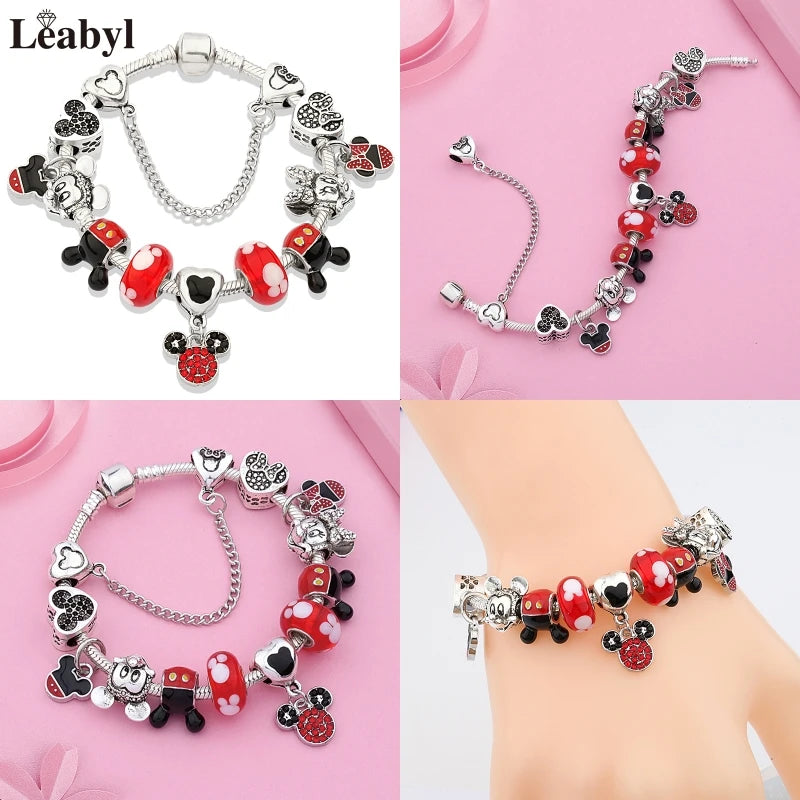 New In Cartoon Mickey Minnie Pendant Charm Bracelet Heart Bowknot Beaded Bracelets & Bangles