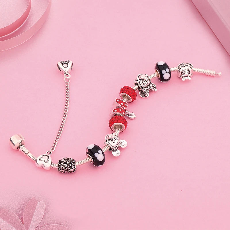 New In Cartoon Mickey Minnie Pendant Charm Bracelet Heart Bowknot Beaded Bracelets & Bangles