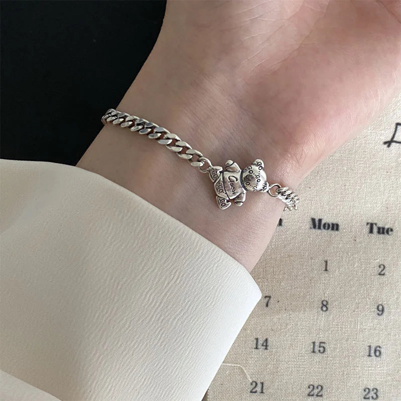 QMCOCO Silver Color Cute Bear Heart-Shape Letter Pendant Bracelet  For Women Fashion Temperament Simple Punk Fine Jewelry Gifts