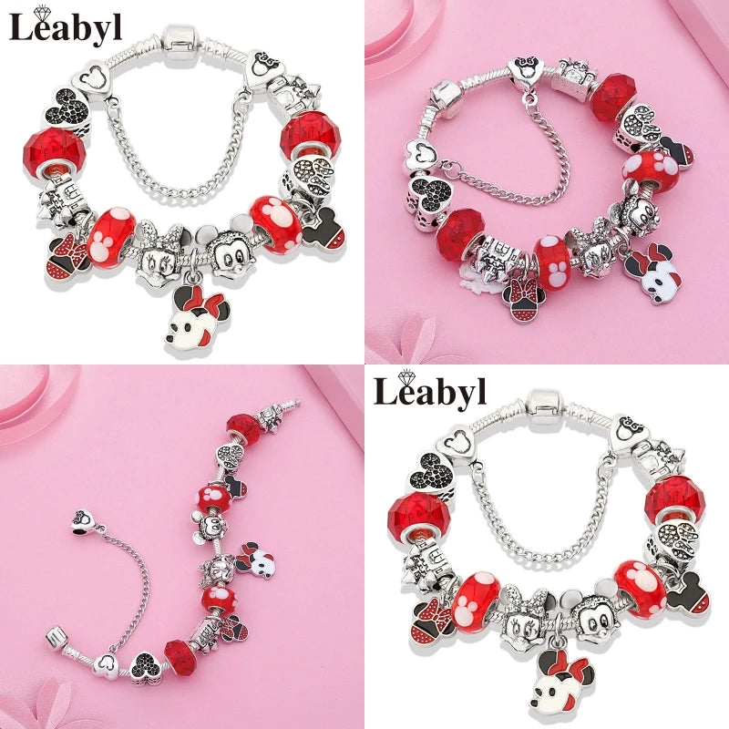 New In Cartoon Mickey Minnie Pendant Charm Bracelet Heart Bowknot Beaded Bracelets & Bangles