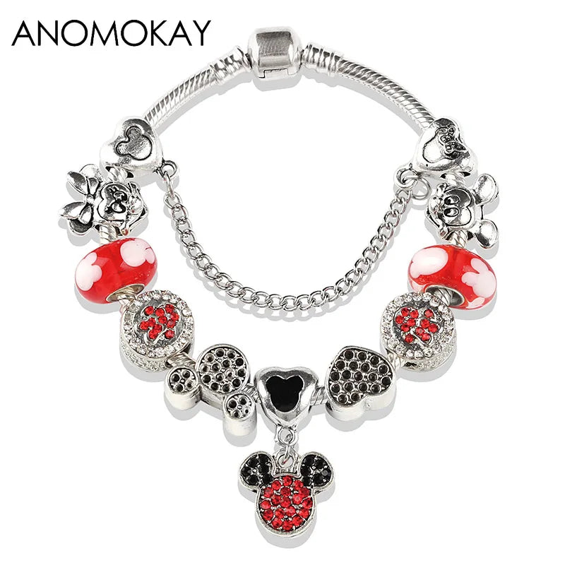 Dropshipping HOT Red Crystal Mickey Minnie Beads Bracelet & Bangle Silver Plated Family Charm Bracelet Fashion Diy Jewelry Gift