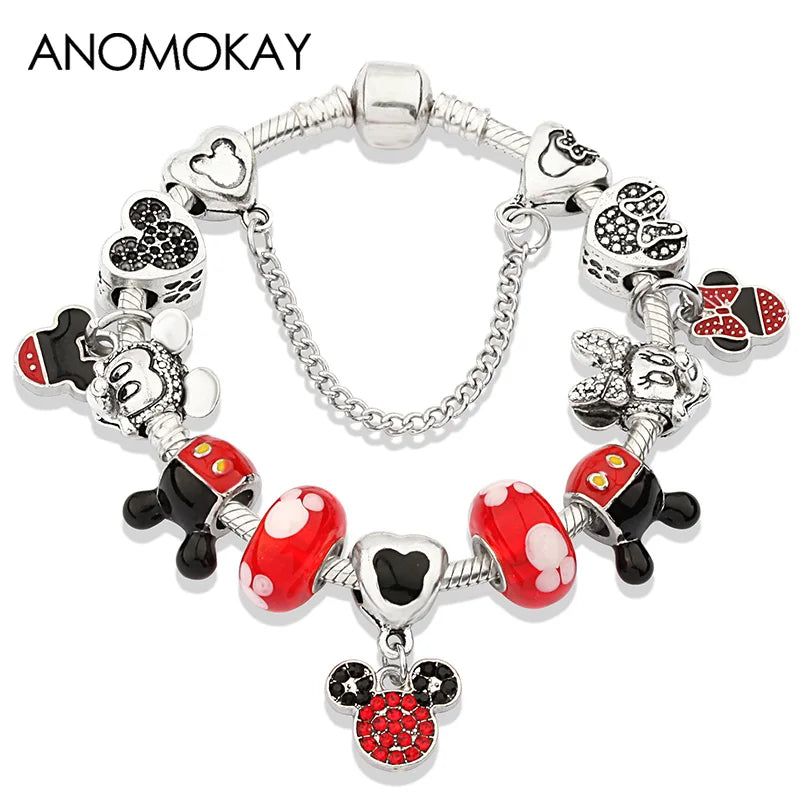 Dropshipping HOT Red Crystal Mickey Minnie Beads Bracelet & Bangle Silver Plated Family Charm Bracelet Fashion Diy Jewelry Gift