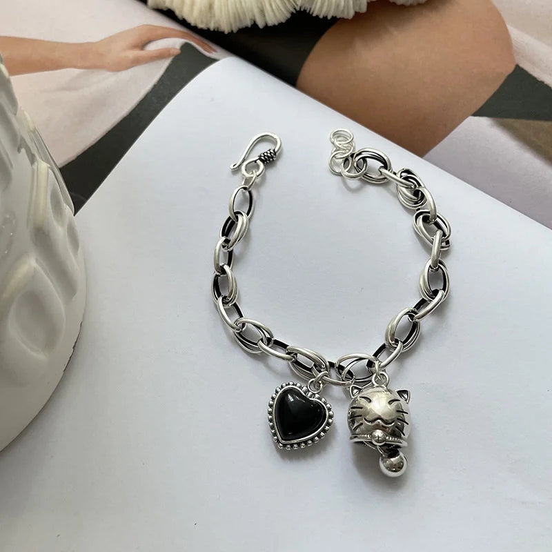 QMCOCO Silver Color Cute Bear Heart-Shape Letter Pendant Bracelet  For Women Fashion Temperament Simple Punk Fine Jewelry Gifts