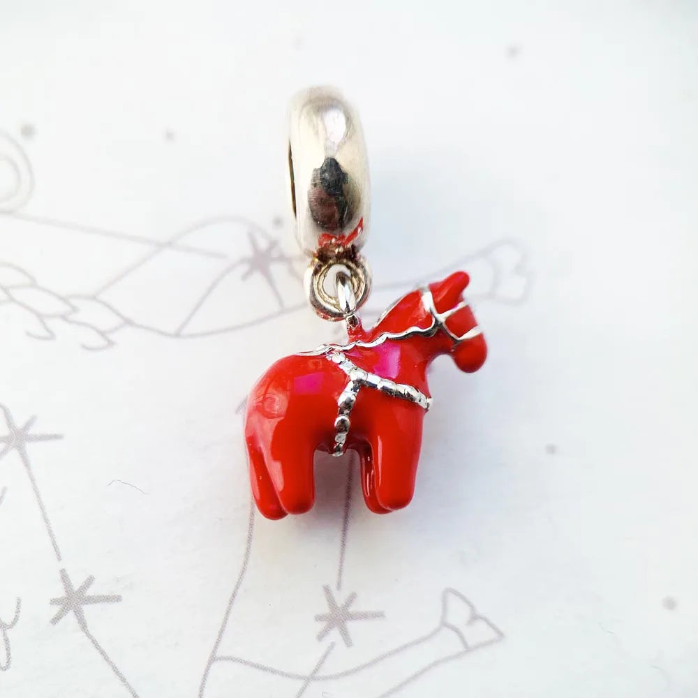 Red Dalarna Horse Pendant 925 Sterling Silver Dangle Charm Fit Bracelet Necklace Women Men Vintage Fine Jewelry