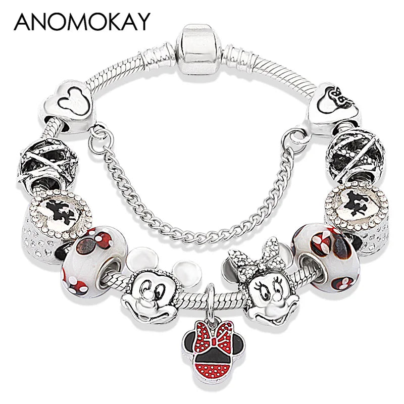 Dropshipping HOT Red Crystal Mickey Minnie Beads Bracelet & Bangle Silver Plated Family Charm Bracelet Fashion Diy Jewelry Gift