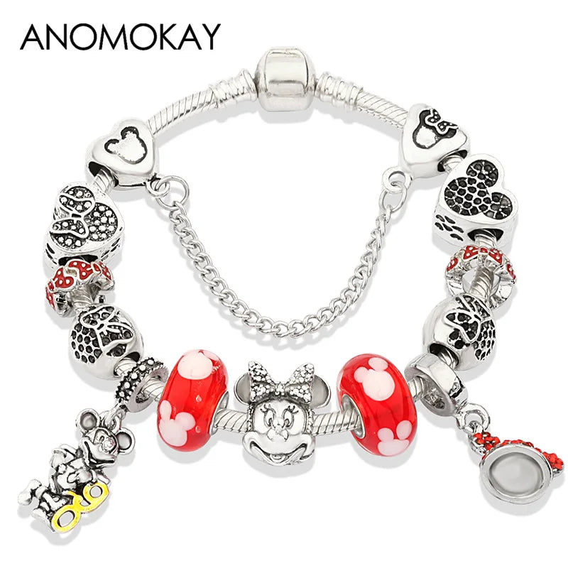 Dropshipping HOT Red Crystal Mickey Minnie Beads Bracelet & Bangle Silver Plated Family Charm Bracelet Fashion Diy Jewelry Gift