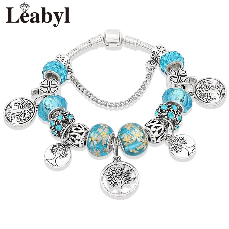 Dropshipping Silver Color Tree of Life Fashion Bead Bracelets Green Leaf Floral Crystal Charm Bracelet & Bangle Pulsera Jewelry