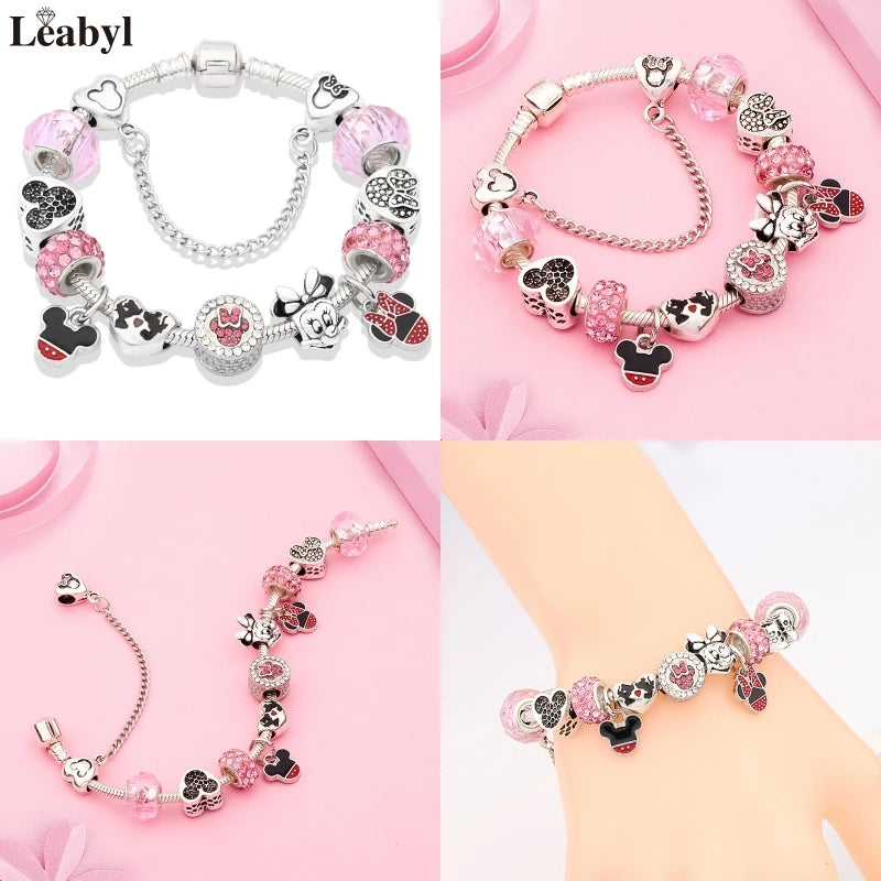 New In Cartoon Mickey Minnie Pendant Charm Bracelet Heart Bowknot Beaded Bracelets & Bangles