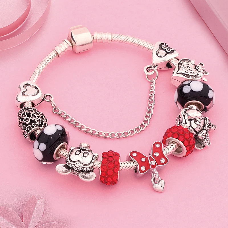 New In Cartoon Mickey Minnie Pendant Charm Bracelet Heart Bowknot Beaded Bracelets & Bangles