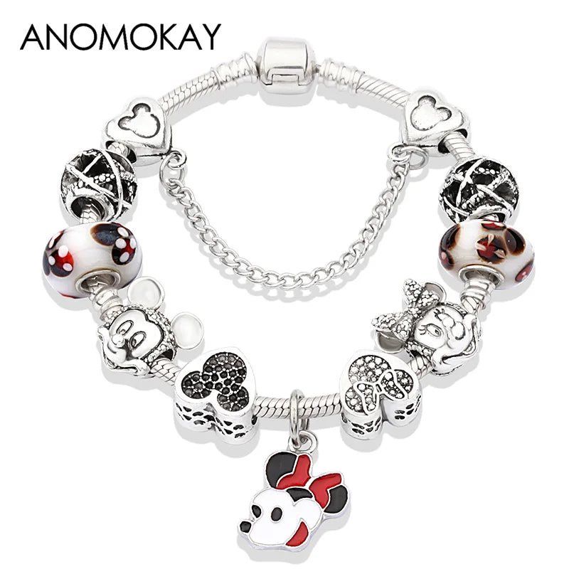 Dropshipping HOT Red Crystal Mickey Minnie Beads Bracelet & Bangle Silver Plated Family Charm Bracelet Fashion Diy Jewelry Gift