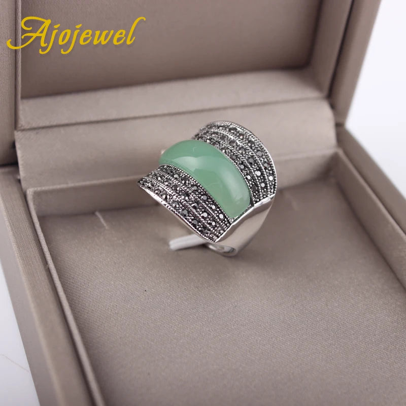 Ajojewel Original Geometric Vintage Rings For Women With Green/Black/Red Stone Jewelry Wide Band RingBijoux