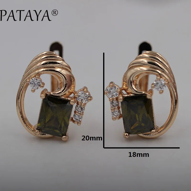 PATAYA Square Olive Green Natural Cubic Zircon Earrings Bridal 585 Rose Gold Color Drop Earrings Women Wedding Party Jewelry