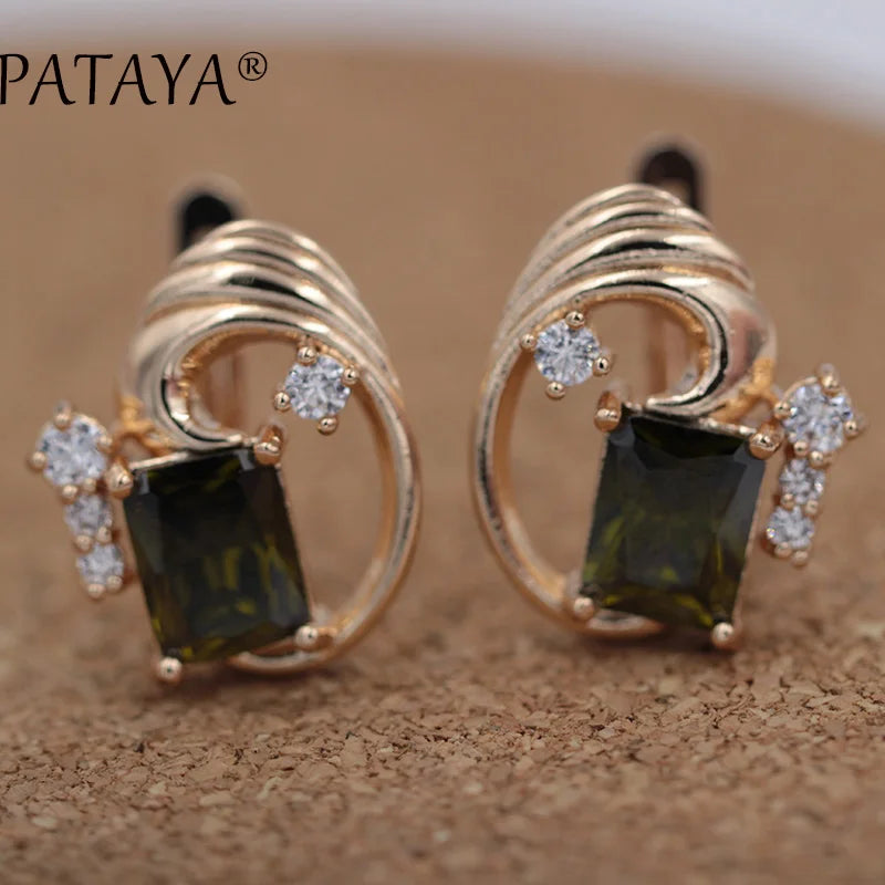 PATAYA Square Olive Green Natural Cubic Zircon Earrings Bridal 585 Rose Gold Color Drop Earrings Women Wedding Party Jewelry