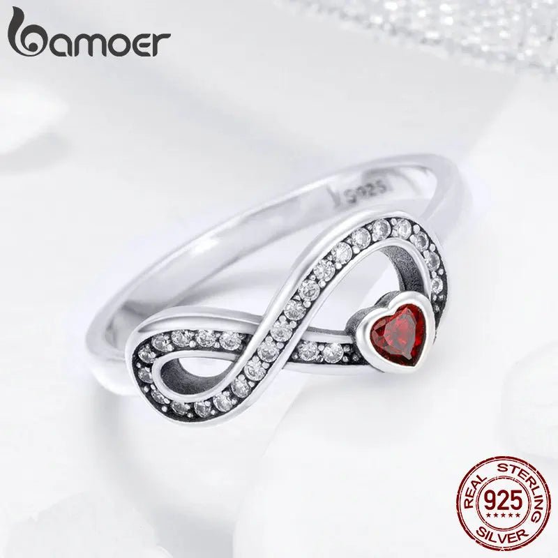 BAMOER 100% 925 Sterling Silver Infinity Love Forever Heart Clear CZ Finger Ring for Women Wedding Engagement Jewelry SCR415