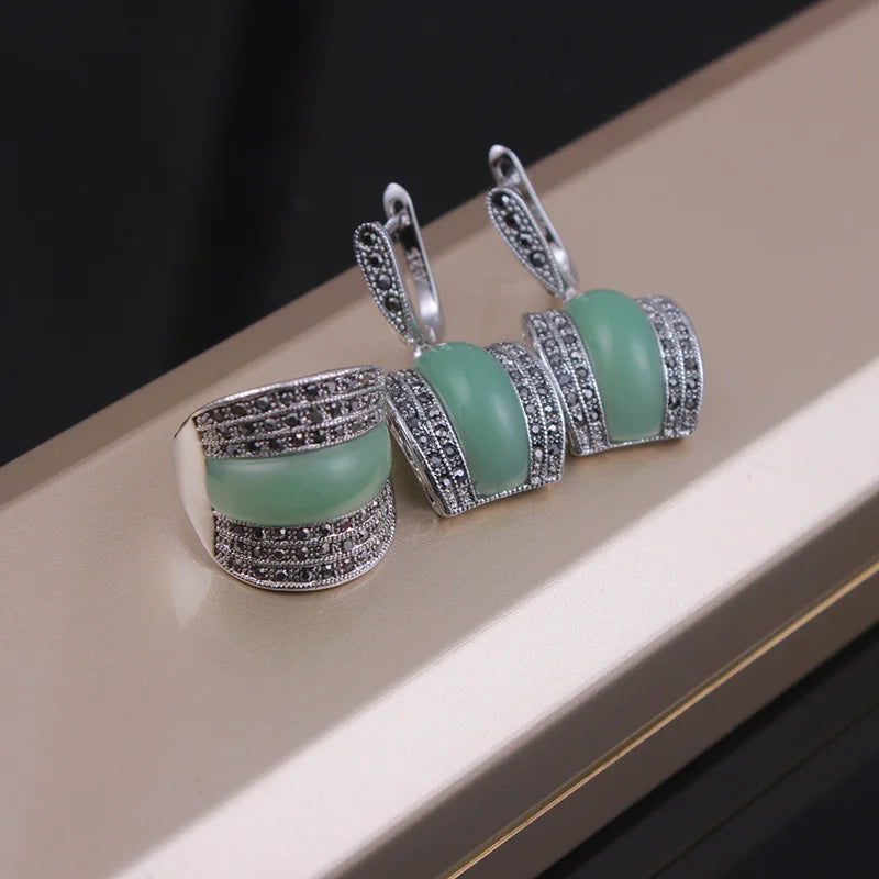 Ajojewel Classic Dark Green Stone Ring Earrings Set High Quality Vintage Jewelry Women's Party Gift HOT