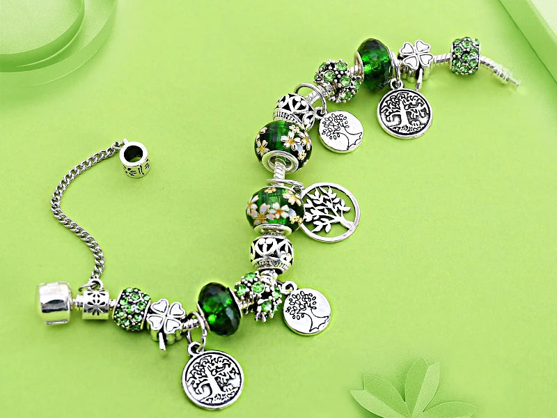 Dropshipping Silver Color Tree of Life Fashion Bead Bracelets Green Leaf Floral Crystal Charm Bracelet & Bangle Pulsera Jewelry