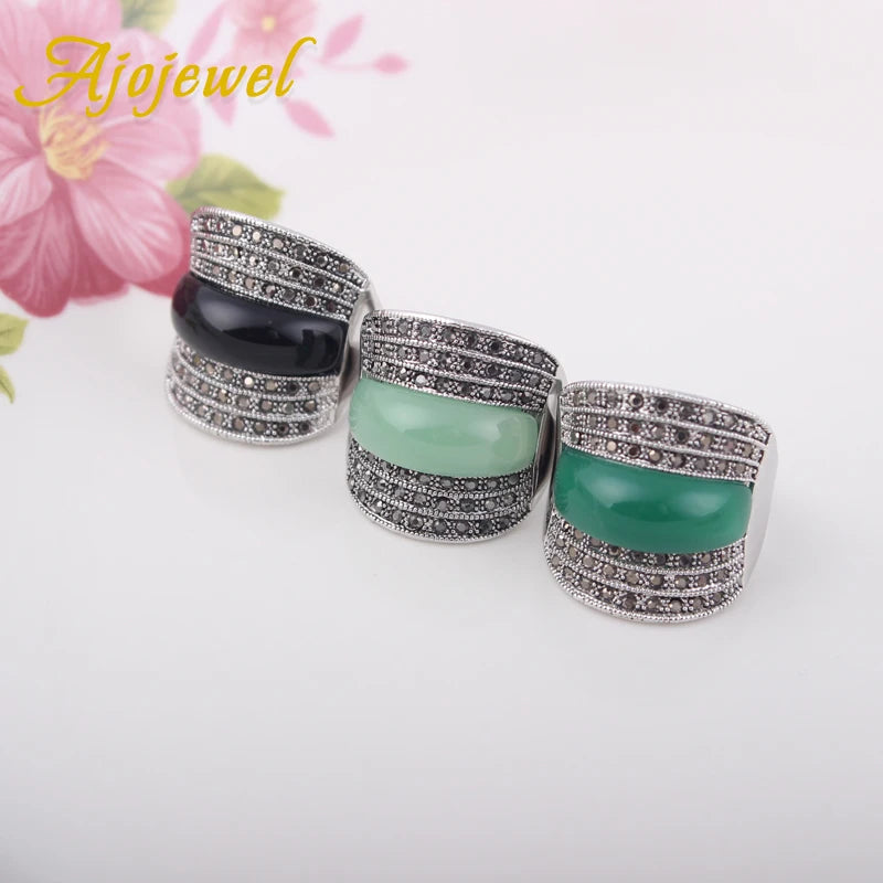 Ajojewel Original Geometric Vintage Rings For Women With Green/Black/Red Stone Jewelry Wide Band RingBijoux