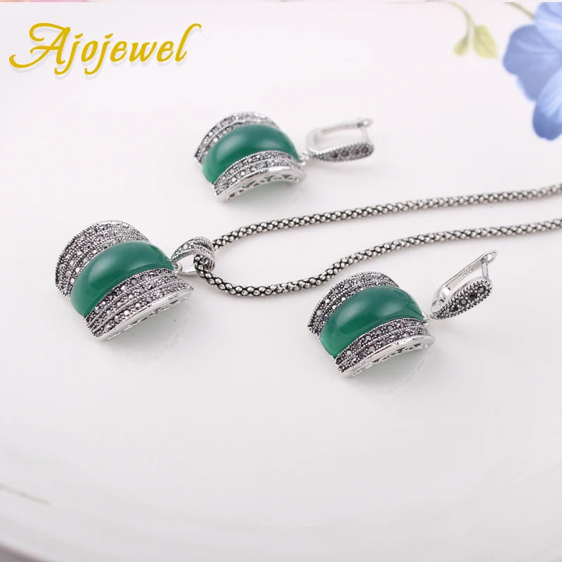 Ajojewel Original Designer Antique Silver Color Women Jewelry Set Geometric Green Stone Ring Necklace And Earrings Sets