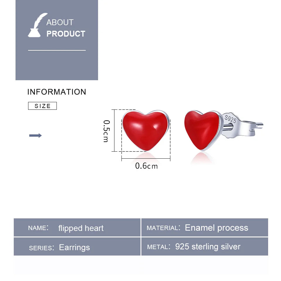 WOSTU 100% 925 Sterling Silver Cute Red Heart Enamel Stud Earrings for Women Silver Earring Hot Sell Party Jewelry Gift FME147