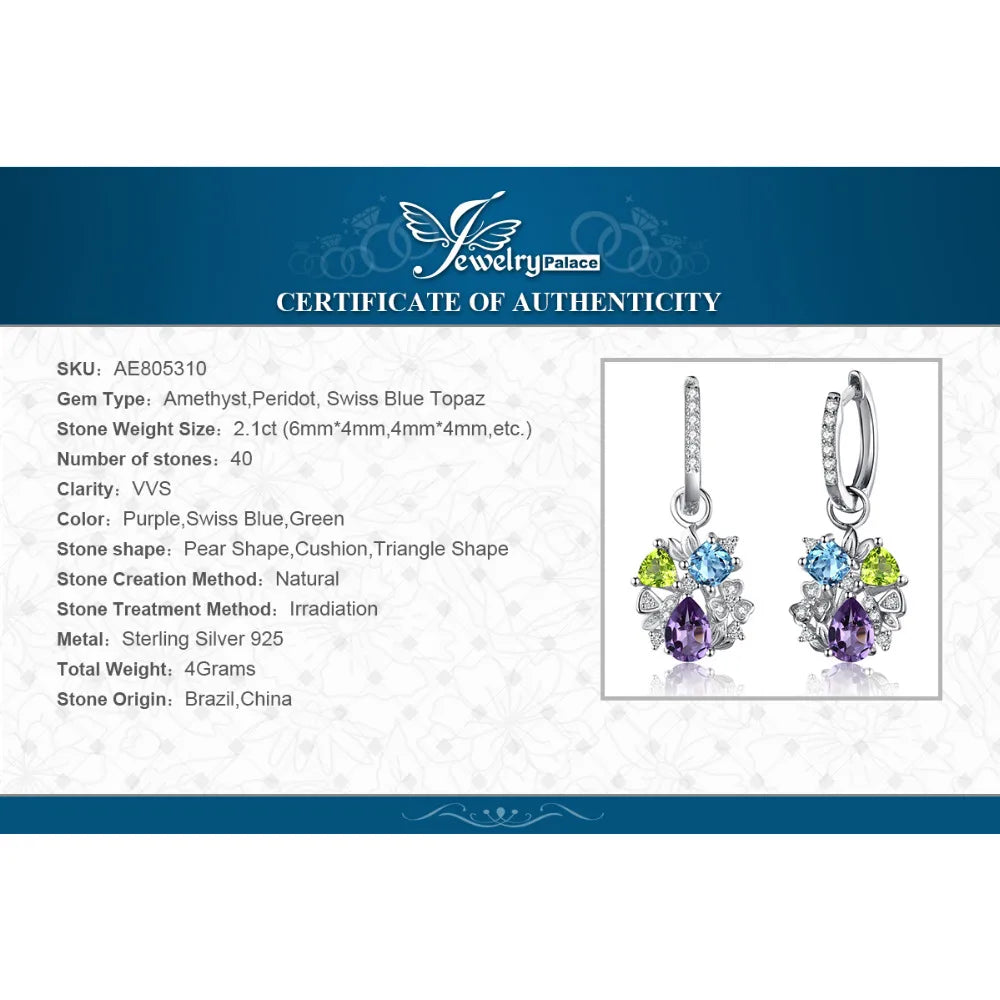 JewelryPalace Natural Amethyst Blue Topaz Peridot Chrome Diopside Flower Dangle Drop Earrings 925 Sterling Silver Women Jewelry