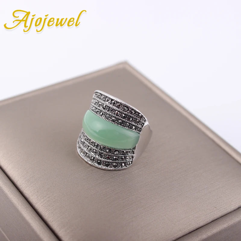 Ajojewel Original Geometric Vintage Rings For Women With Green/Black/Red Stone Jewelry Wide Band RingBijoux