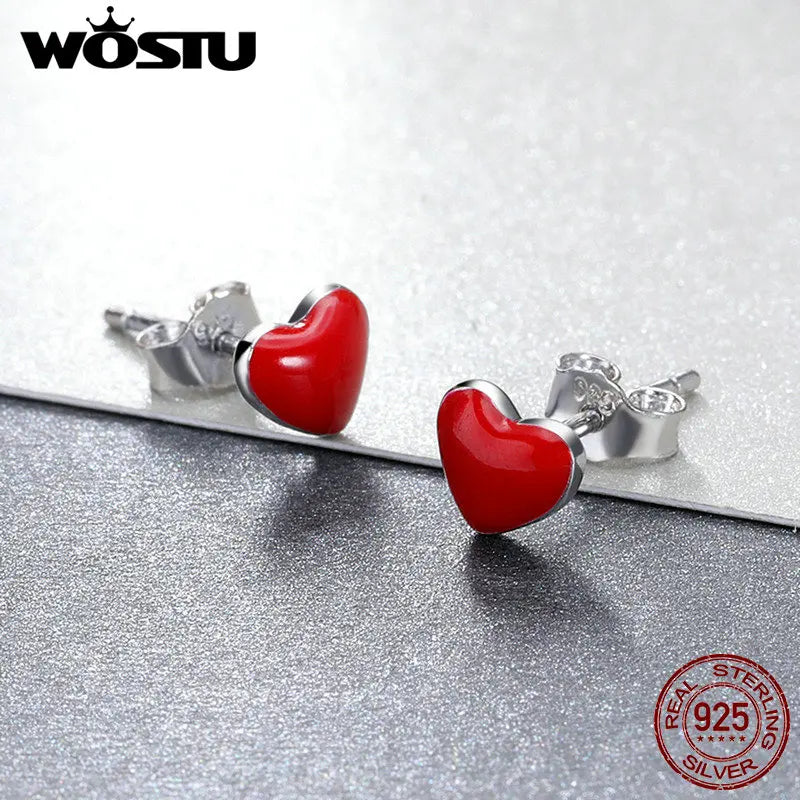 WOSTU 100% 925 Sterling Silver Cute Red Heart Enamel Stud Earrings for Women Silver Earring Hot Sell Party Jewelry Gift FME147