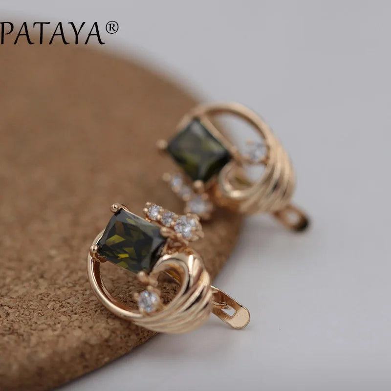 PATAYA Square Olive Green Natural Cubic Zircon Earrings Bridal 585 Rose Gold Color Drop Earrings Women Wedding Party Jewelry