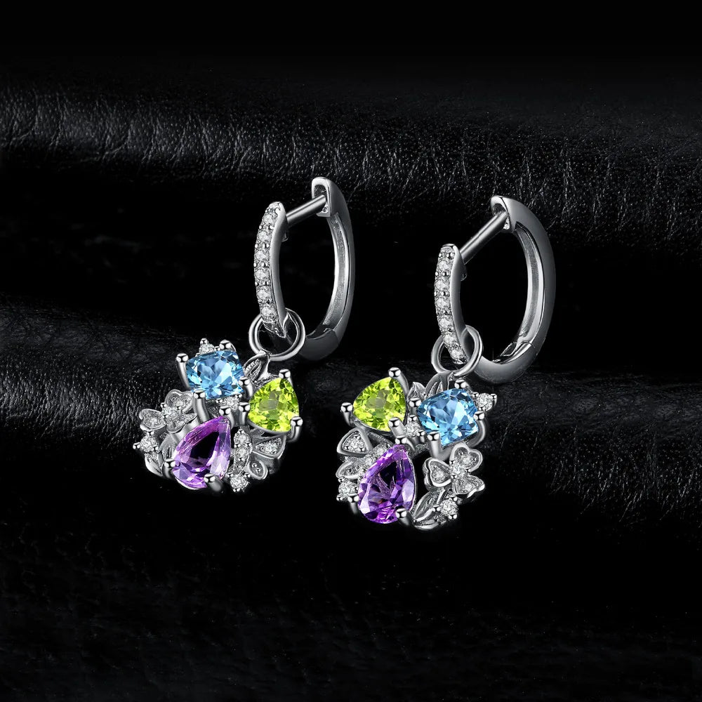 JewelryPalace Natural Amethyst Blue Topaz Peridot Chrome Diopside Flower Dangle Drop Earrings 925 Sterling Silver Women Jewelry