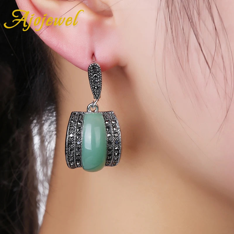 Ajojewel Original Designer Antique Silver Color Women Jewelry Set Geometric Green Stone Ring Necklace And Earrings Sets